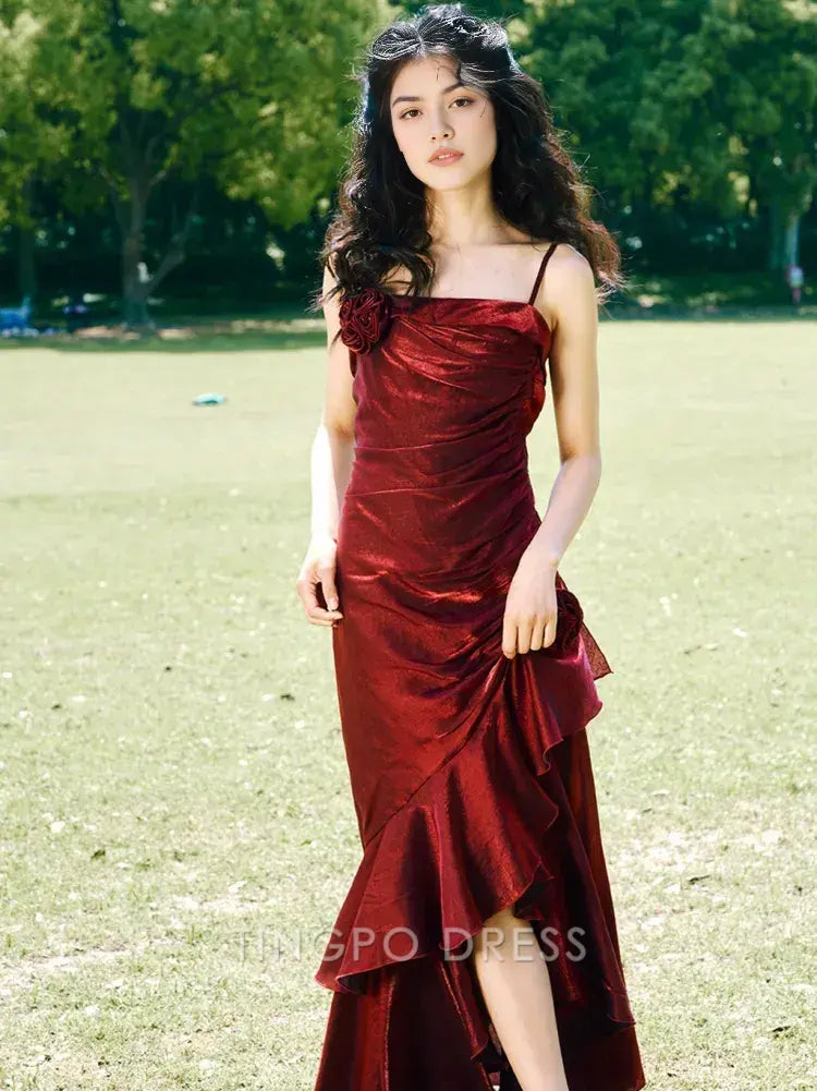 TingPo Wholesale Elegant Red Floral Mermaid Skirt Flounce Hem Summer Cami Dress